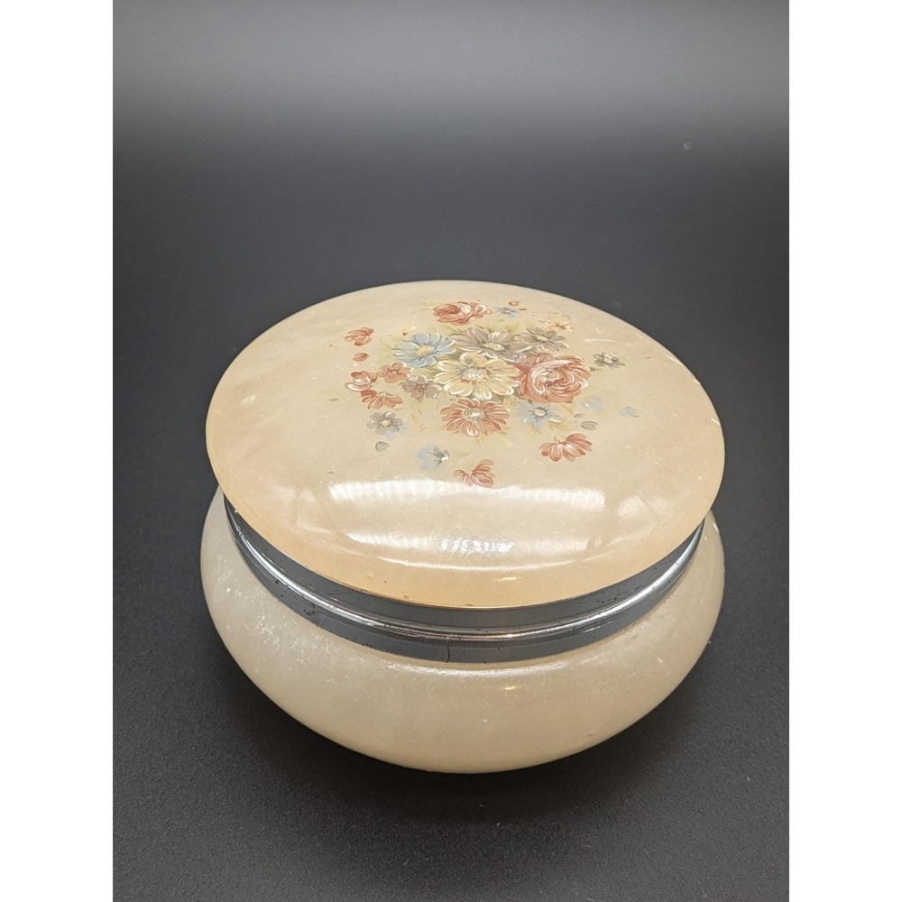 Alabaster Stone Italy Hand Carved Hinged Dresser Box Pink Floral Bouquet  VTG